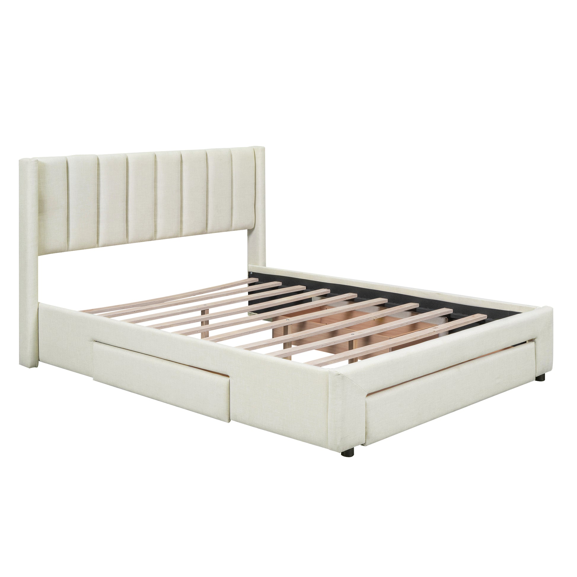 Queen Size Upholstered Platform Bed With One Large Drawer In The Footboard And Drawer On Each Side,Beige Box Spring Not Required Queen Beige Wood Bedroom Bed Frame Linen Upholstered