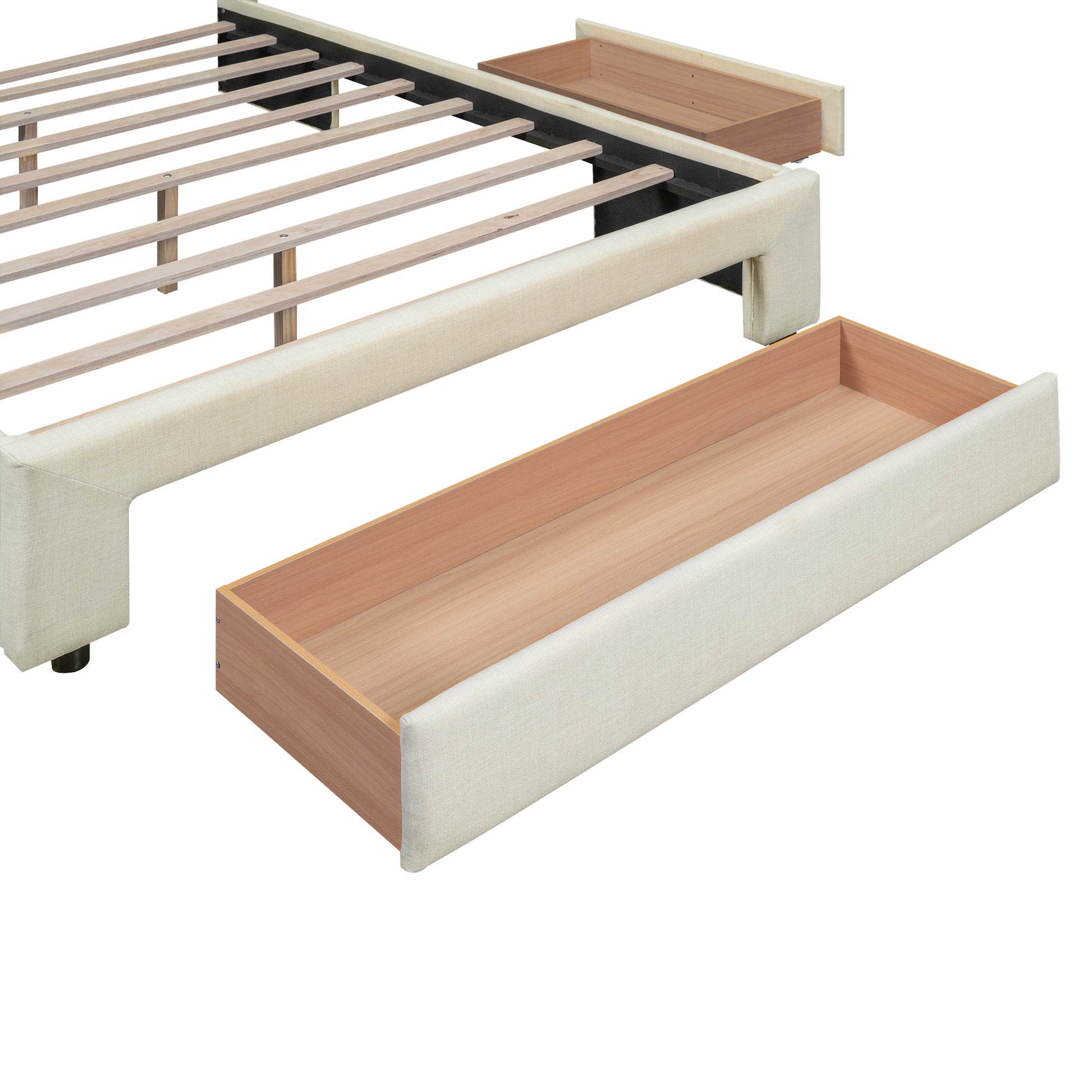Full Size Upholstered Platform Bed With One Large Drawer In The Footboard And Drawer On Each Side,Beige Box Spring Not Required Full Beige Wood Bedroom Bed Frame Linen Upholstered