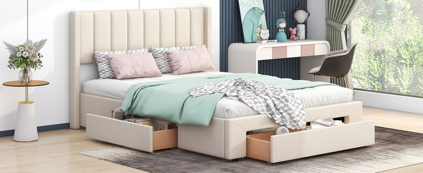 Queen Size Upholstered Platform Bed With One Large Drawer In The Footboard And Drawer On Each Side,Beige Box Spring Not Required Queen Beige Wood Bedroom Bed Frame Linen Upholstered