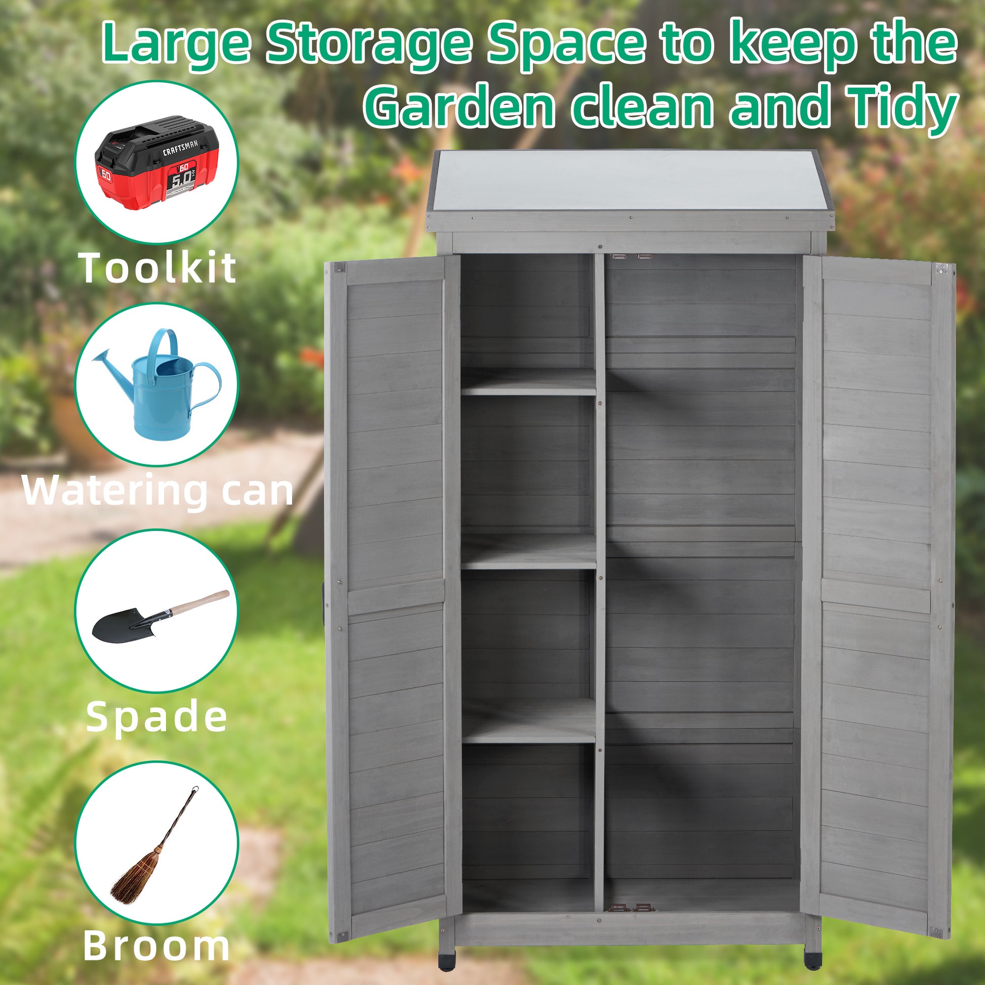 Outdoor Storage Cabinet And Metal Top,Garden Storage Shed,Outdoor 68 Inches Wood Tall Shed For Yard And Patio Gray Solid Wood