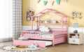 Wooden Full Size House Bed With Twin Size Trundle,Kids Bed With Shelf, Pink Pink Solid Wood