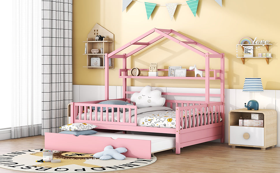 Wooden Full Size House Bed With Twin Size Trundle,Kids Bed With Shelf, Pink Pink Solid Wood