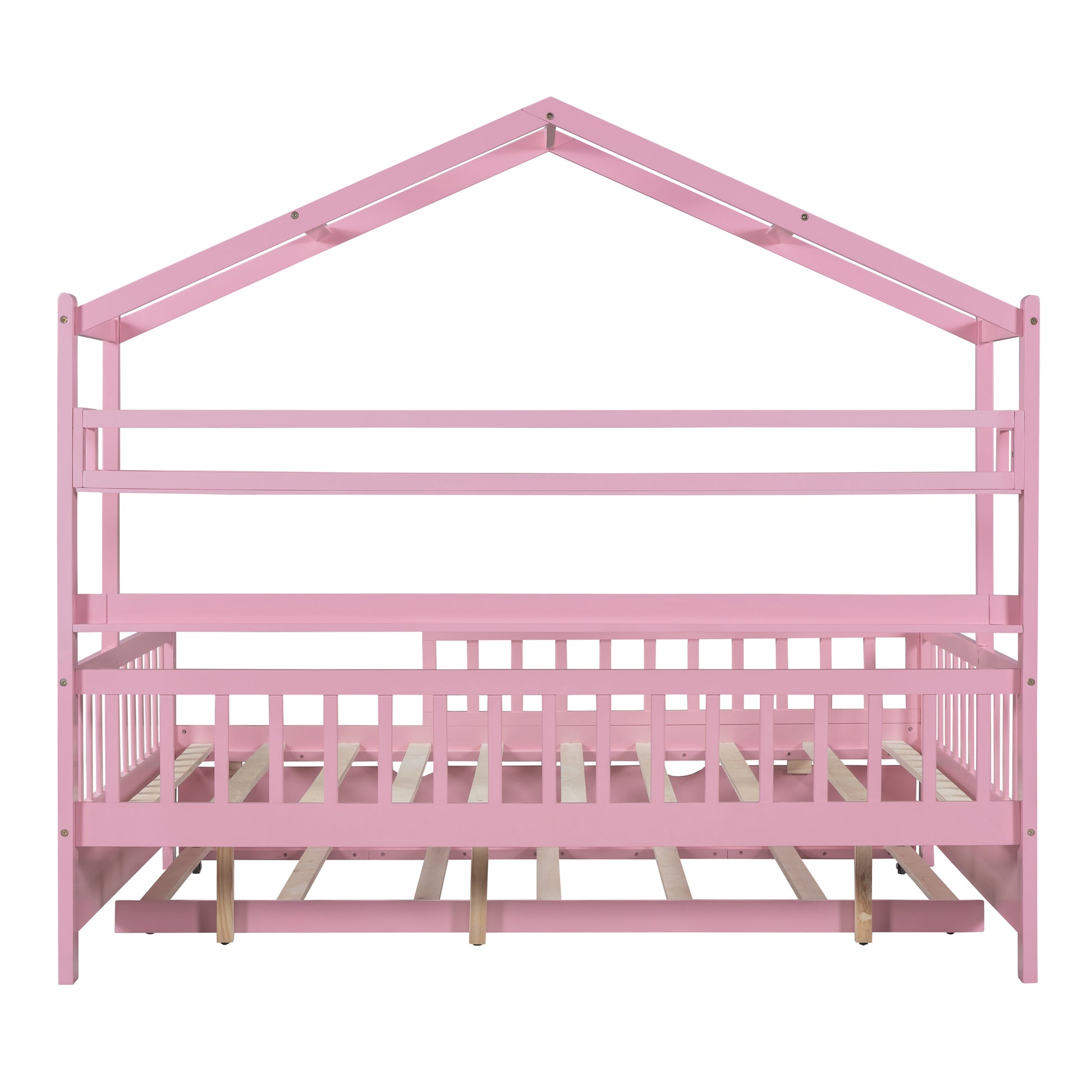 Wooden Full Size House Bed With Twin Size Trundle,Kids Bed With Shelf, Pink Pink Solid Wood