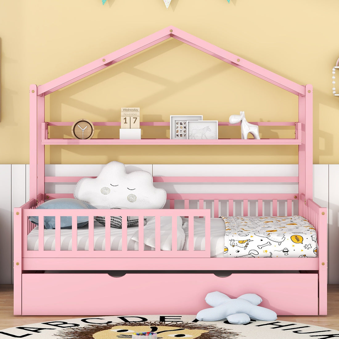 Wooden Full Size House Bed With Twin Size Trundle,Kids Bed With Shelf, Pink Pink Solid Wood