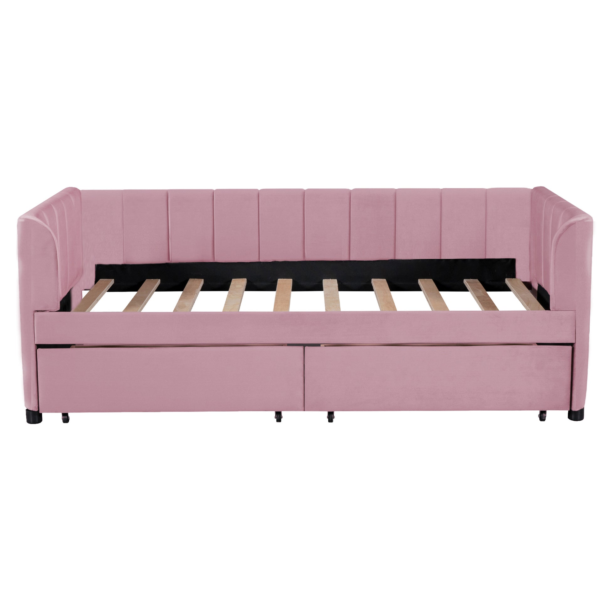 Twin Size Upholstered Daybed With Ergonomic Design Backrest And 2 Drawers, Pink Pink Velvet