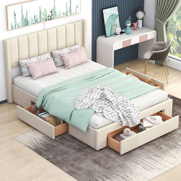 Queen Size Upholstered Platform Bed With One Large Drawer In The Footboard And Drawer On Each Side,Beige Box Spring Not Required Queen Beige Wood Bedroom Bed Frame Linen Upholstered