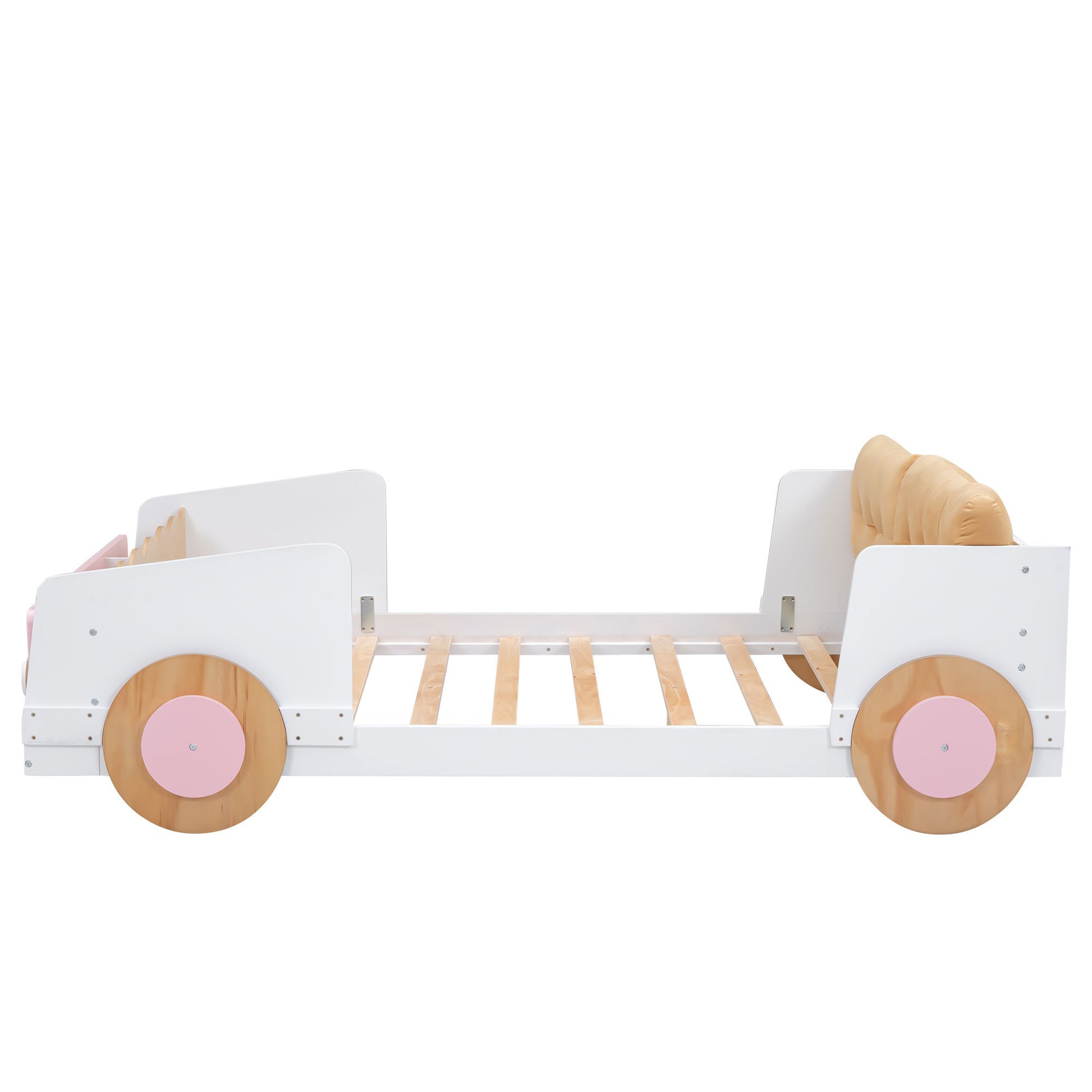 Full Size Car Shaped Platform Bed With Soft Cushion And Shelves On The Footboard, White White Pine