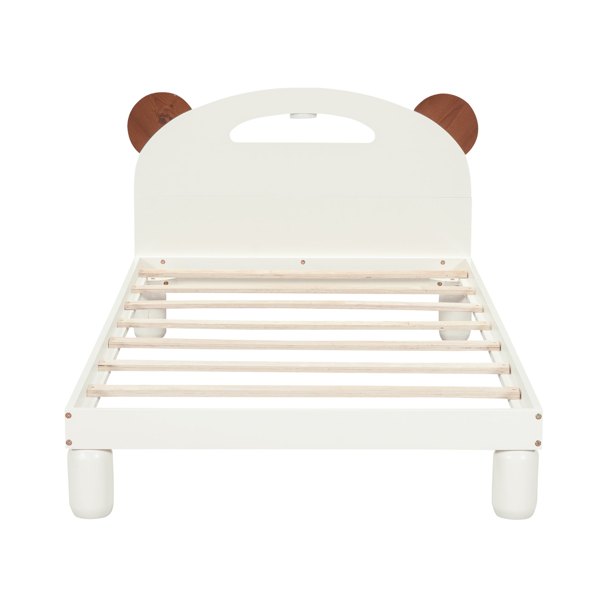 Twin Size Platform Bed With Bear Ears Shaped Headboard And Led, Cream White Box Spring Not Required Twin Cream White Wood Bedroom Solid Wood Mdf