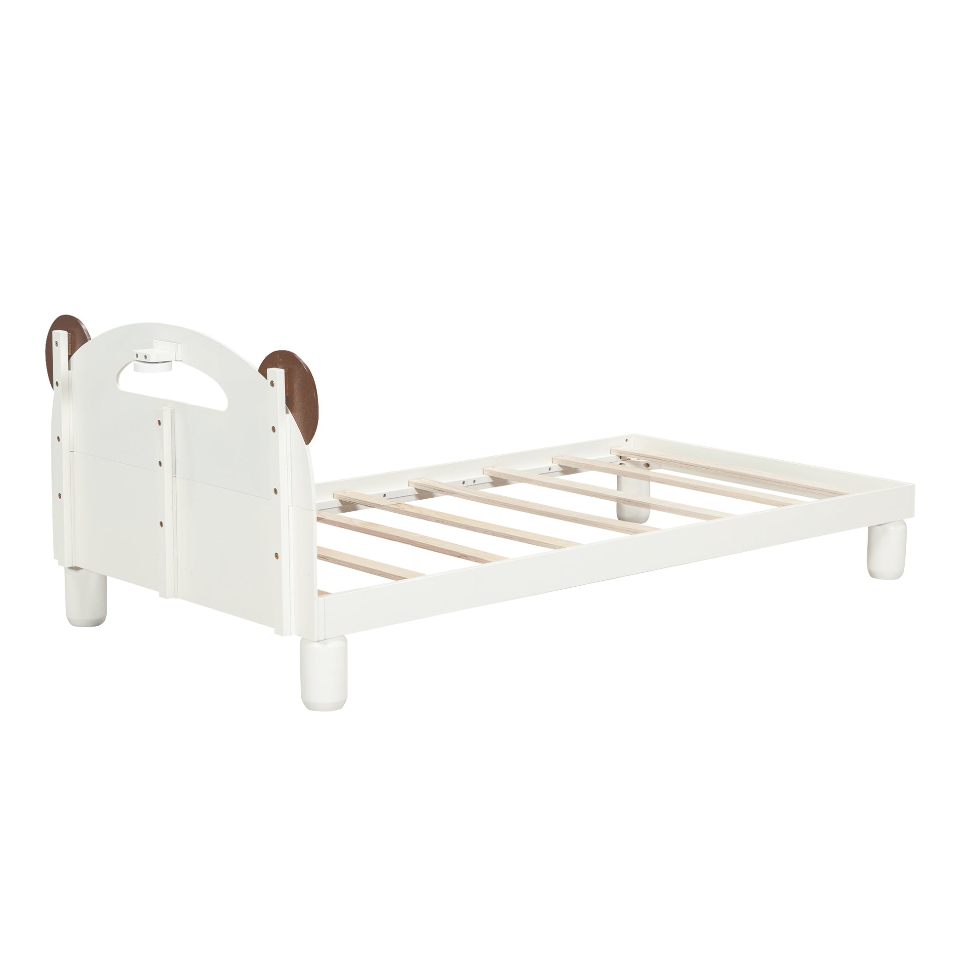 Twin Size Platform Bed With Bear Ears Shaped Headboard And Led, Cream White Box Spring Not Required Twin Cream White Wood Bedroom Solid Wood Mdf