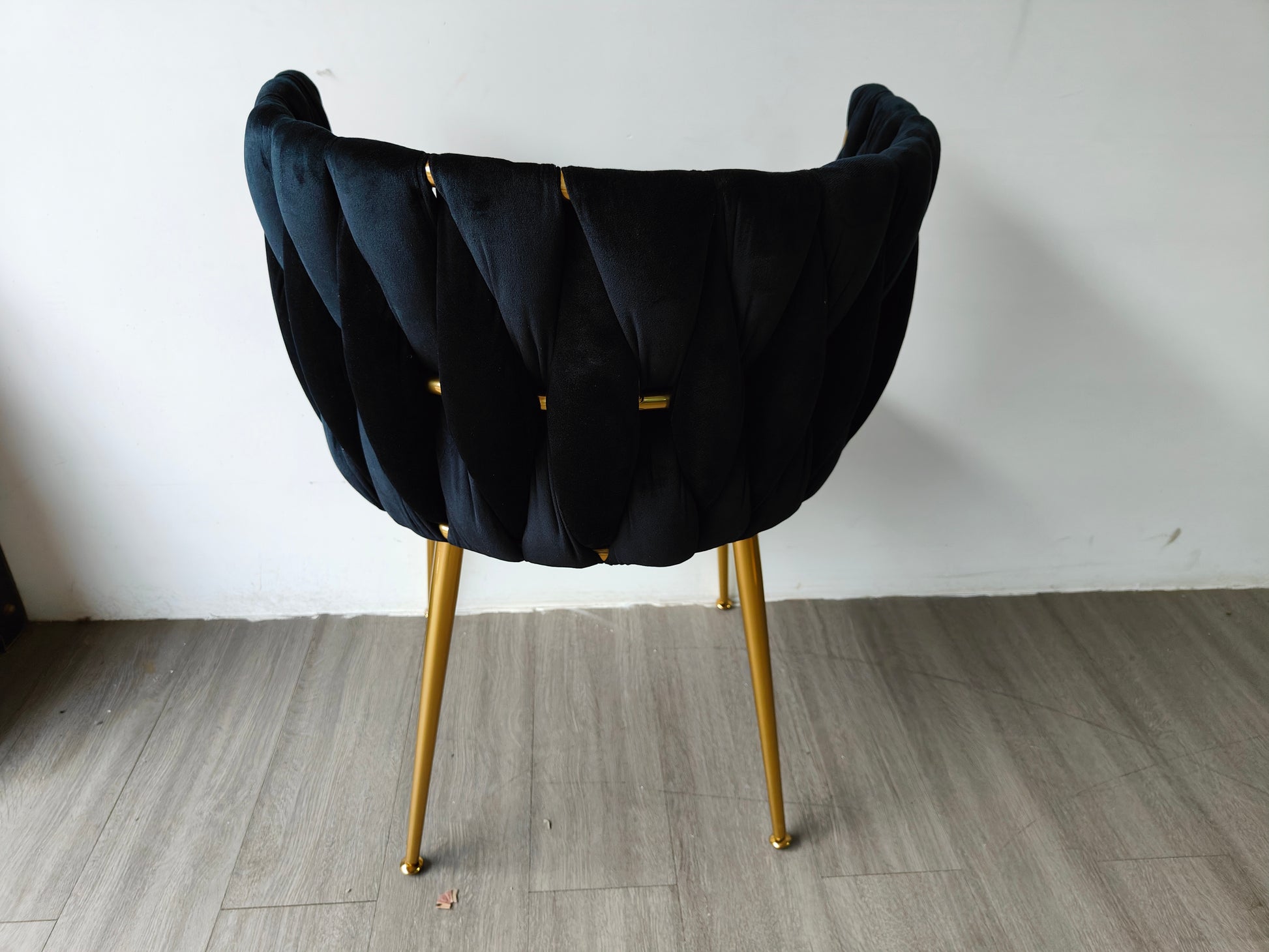 Modern Velvet Dining Chairs Set Of 2, Upholstered Woven Dining Chair With Golden Metal Legs, Upholstered Dining Chairs For Dining Room, Kitchen, Vanity, Living Room Black Foam Velvet