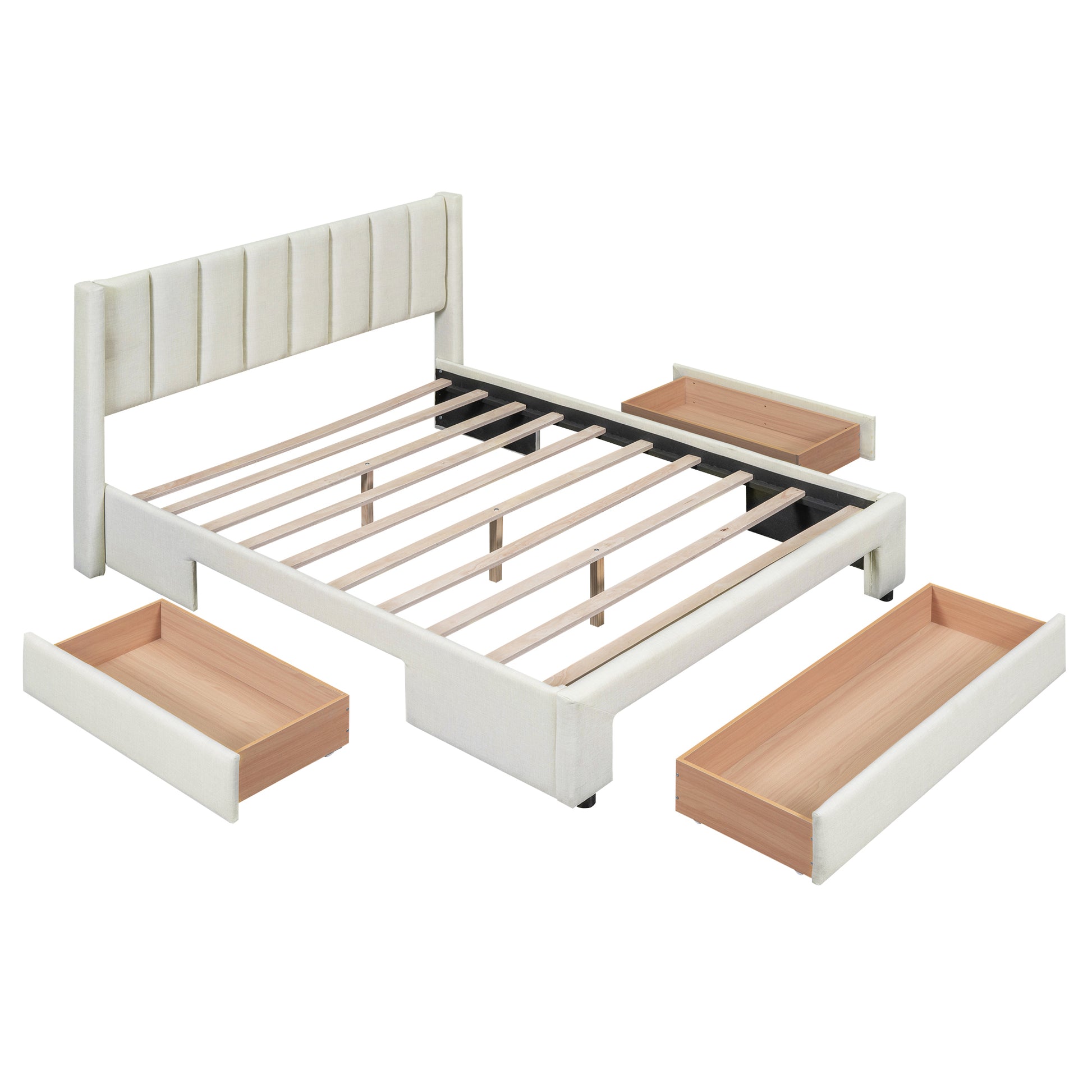 Full Size Upholstered Platform Bed With One Large Drawer In The Footboard And Drawer On Each Side,Beige Box Spring Not Required Full Beige Wood Bedroom Bed Frame Linen Upholstered