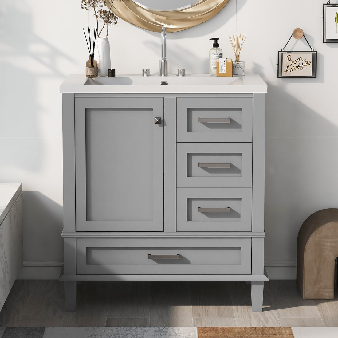 30" Bathroom Vanitymodern Bathroom Cabinet With Sink Combo Set, Bathroom Storage Cabinet With A Soft Closing Door And 3 Drawers, Solid Wood Frame Resin Basin Grey Solid Wood Mdf