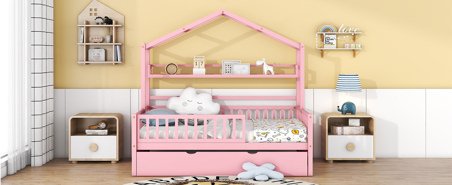 Wooden Full Size House Bed With Twin Size Trundle,Kids Bed With Shelf, Pink Pink Solid Wood