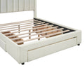 Queen Size Upholstered Platform Bed With One Large Drawer In The Footboard And Drawer On Each Side,Beige Box Spring Not Required Queen Beige Wood Bedroom Bed Frame Linen Upholstered