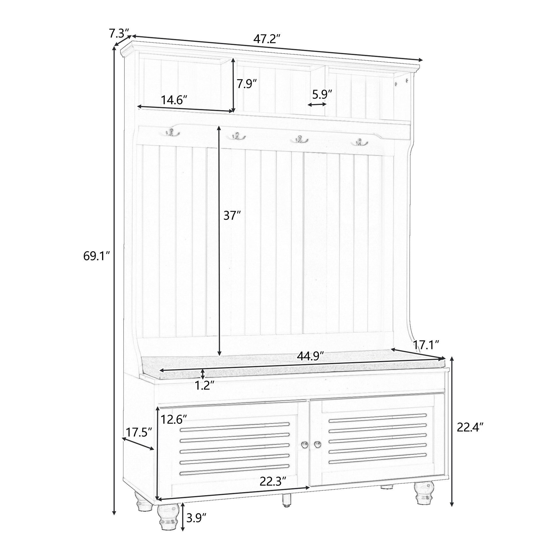 5 In 1 Entryway Bench With Shutter Shaped Doors, Coat Rack, Cushion And 4 Sturdy Hooks, 47.2'' Wide Hall Tree With Storage Bench For Hallway, Entryway, Living Room White Particle Board