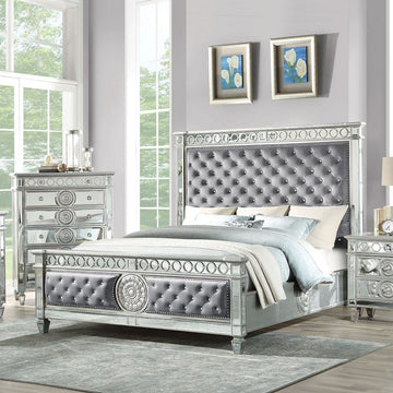 Varian Queen Bed, Gray Fabric & Mirrored Bd02303Q Gray Fabric