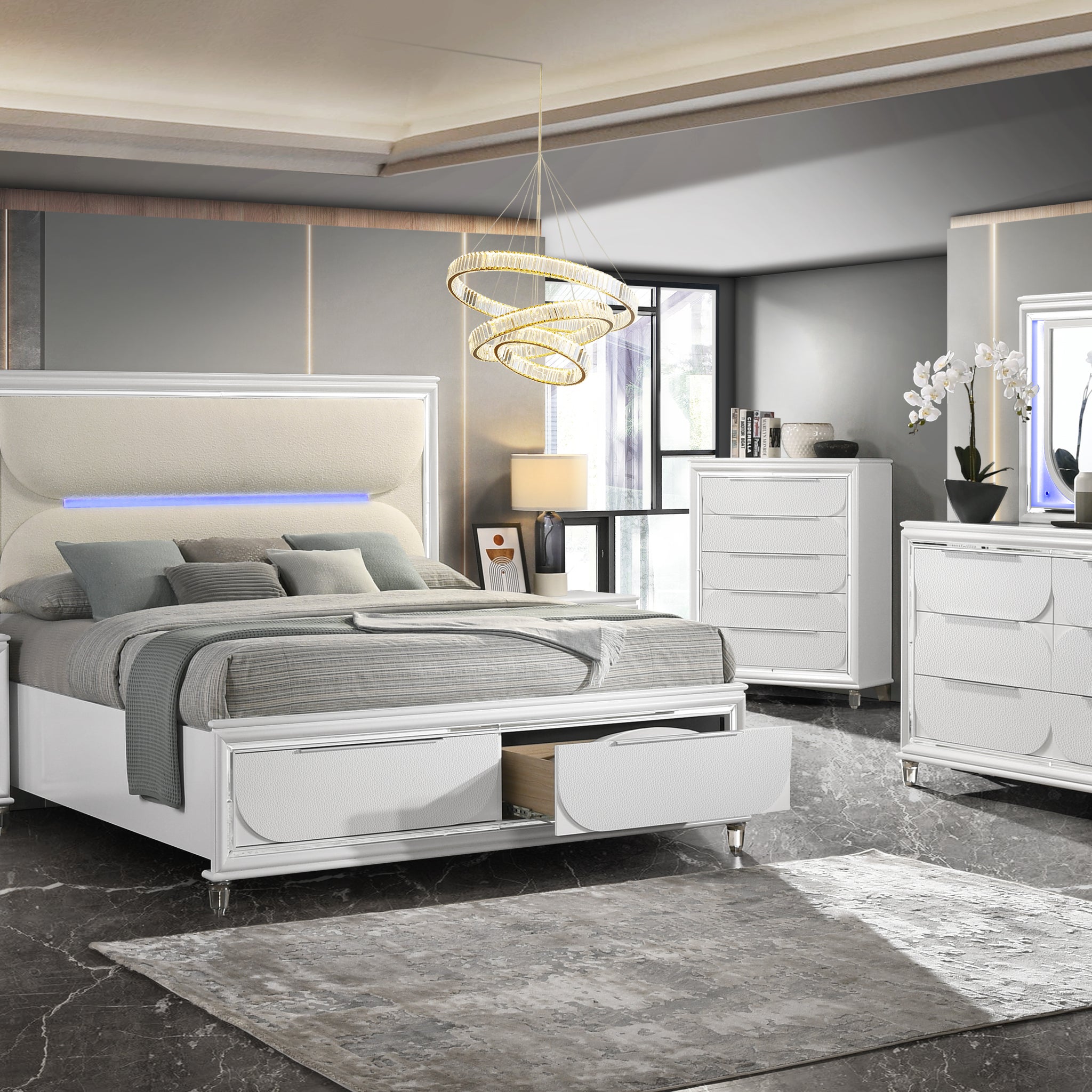 Tarian Eastern King Bed W Storage & Led, White Boucle & Pearl White Finish Bd02316Ek King White Wood