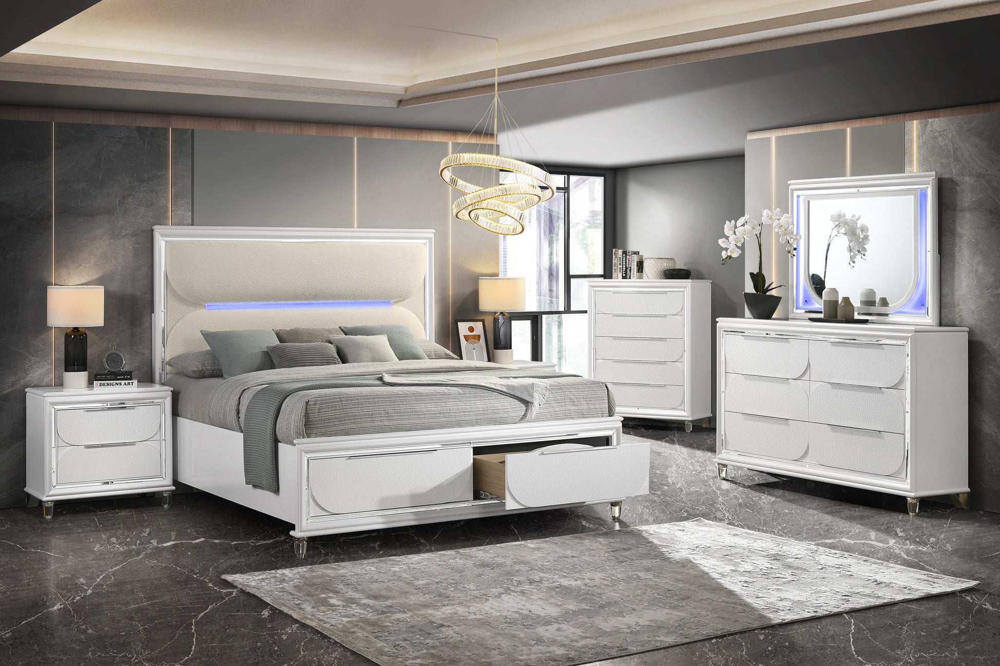 Tarian Eastern King Bed W Storage & Led, White Boucle & Pearl White Finish Bd02316Ek King White Wood