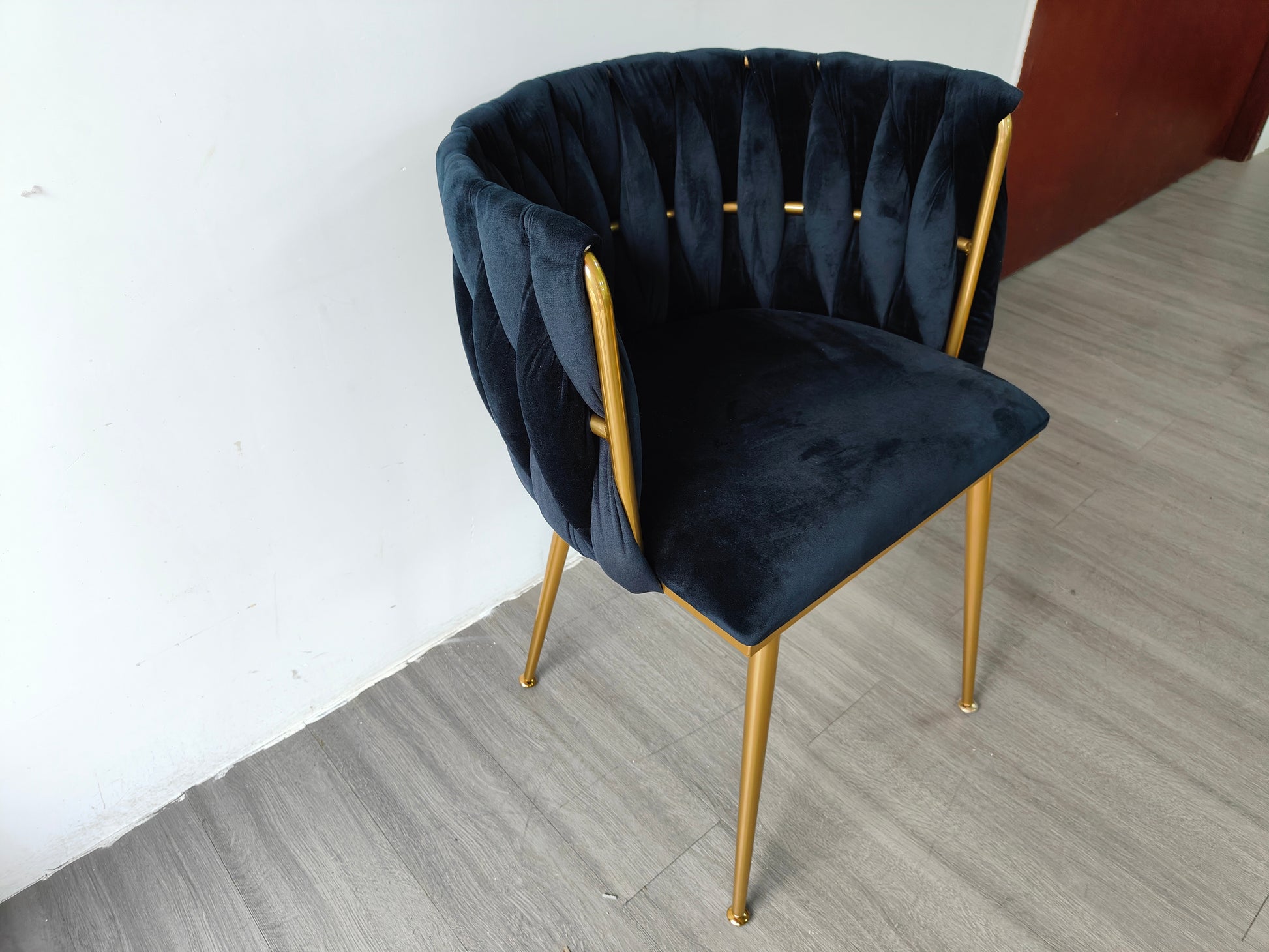 Modern Velvet Dining Chairs Set Of 2, Upholstered Woven Dining Chair With Golden Metal Legs, Upholstered Dining Chairs For Dining Room, Kitchen, Vanity, Living Room Black Foam Velvet