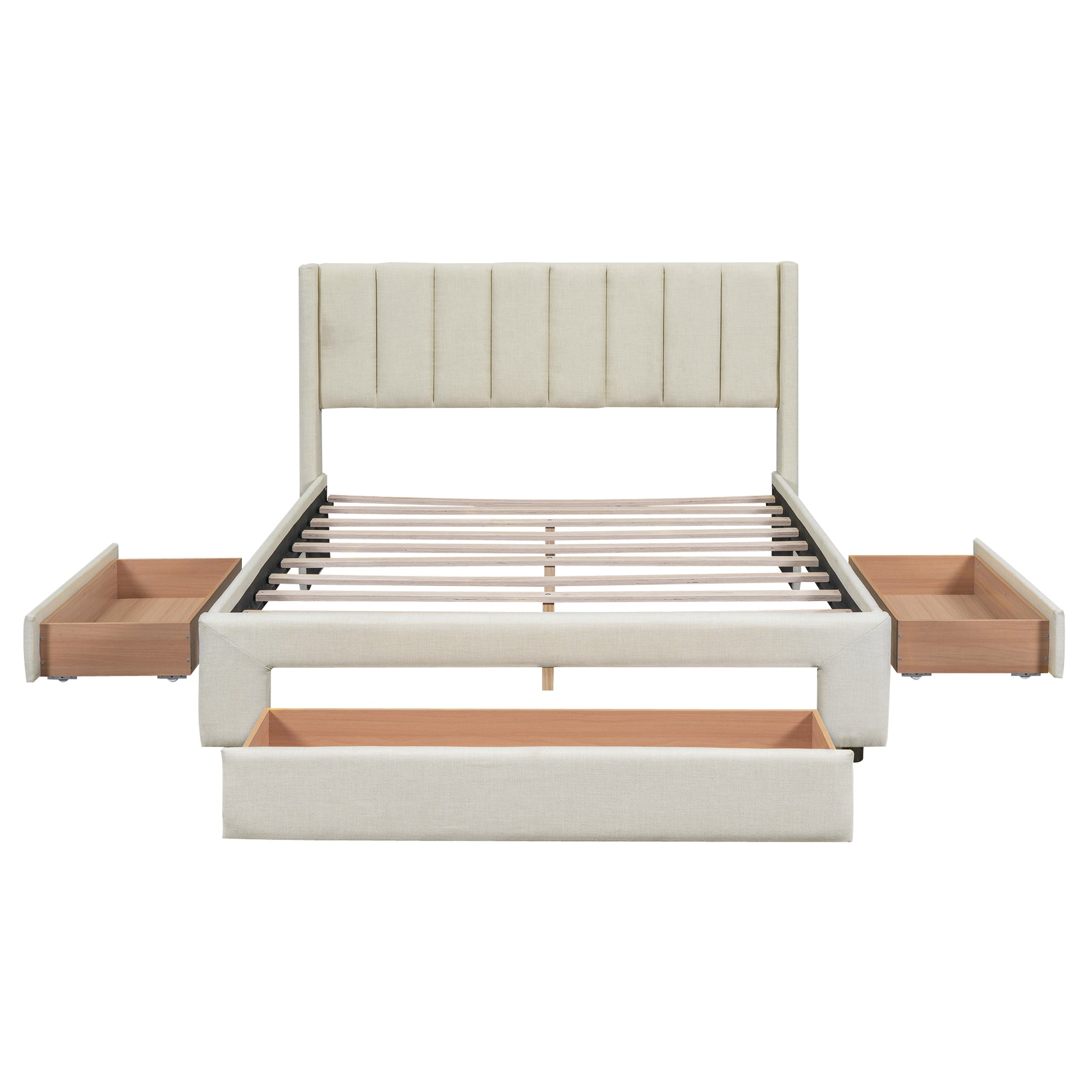 Queen Size Upholstered Platform Bed With One Large Drawer In The Footboard And Drawer On Each Side,Beige Box Spring Not Required Queen Beige Wood Bedroom Bed Frame Linen Upholstered