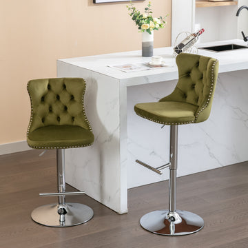 Swivel Velvet Barstools Adjusatble Seat Height From 25 33 Inch, Modern Upholstered Chrome Base Bar Stools With Backs Comfortable Tufted For Home Pub And Kitchen Island, Olive Green,Set Of 2,1712Ol Olive Green Dining Room American Design Bar Stools Foam