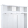 5 In 1 Entryway Bench With Shutter Shaped Doors, Coat Rack, Cushion And 4 Sturdy Hooks, 47.2'' Wide Hall Tree With Storage Bench For Hallway, Entryway, Living Room White Particle Board