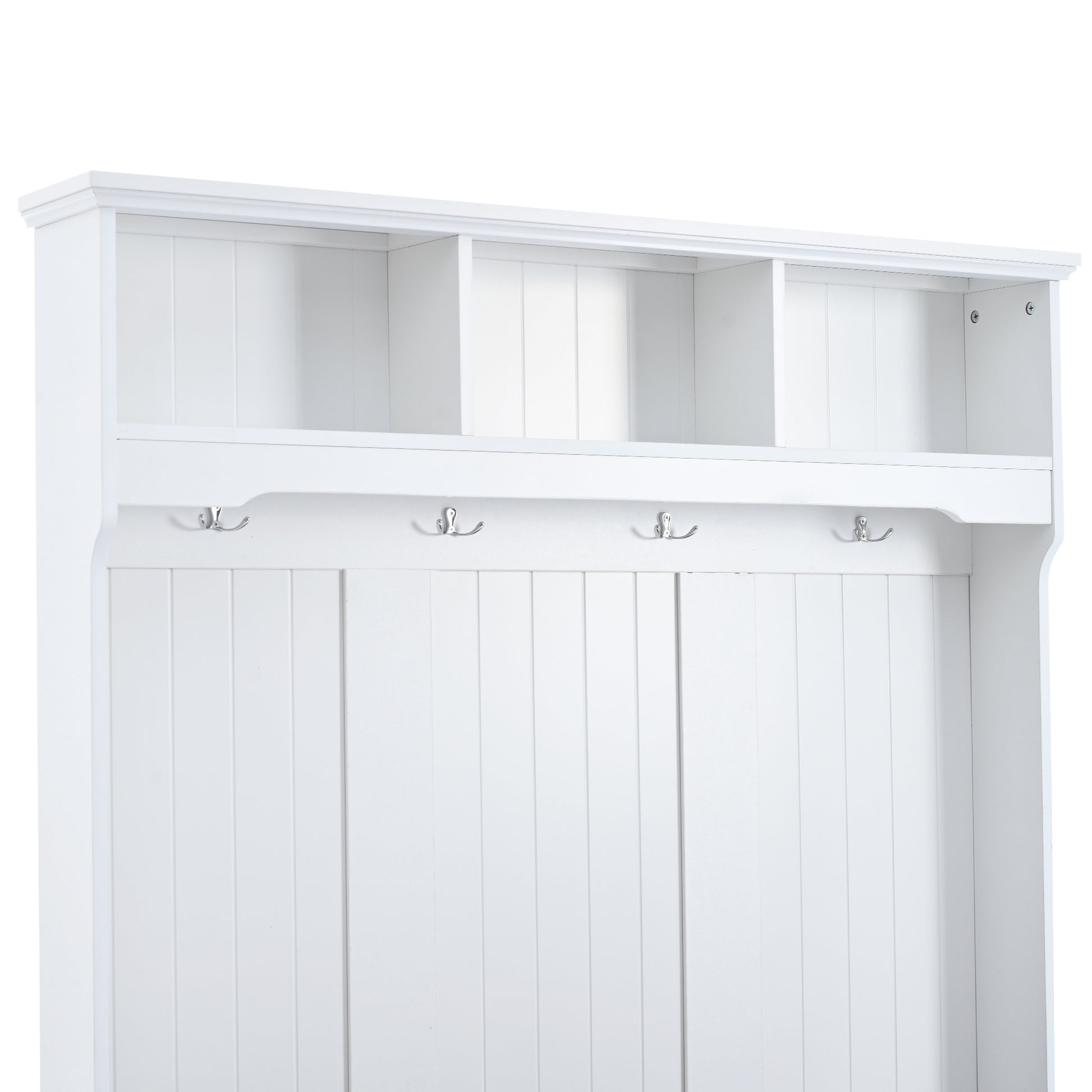 5 In 1 Entryway Bench With Shutter Shaped Doors, Coat Rack, Cushion And 4 Sturdy Hooks, 47.2'' Wide Hall Tree With Storage Bench For Hallway, Entryway, Living Room White Particle Board