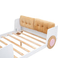 Full Size Car Shaped Platform Bed With Soft Cushion And Shelves On The Footboard, White White Pine