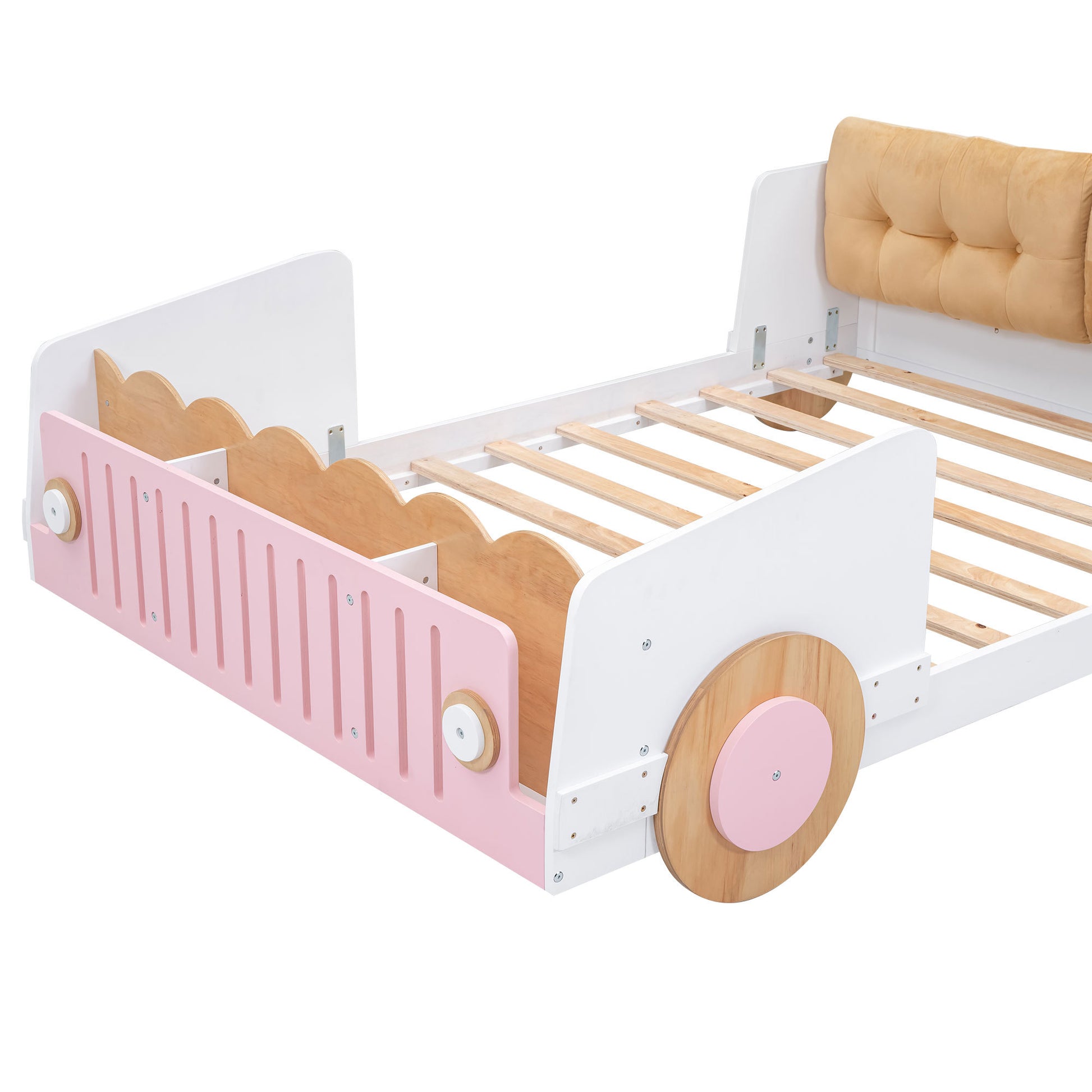 Full Size Car Shaped Platform Bed With Soft Cushion And Shelves On The Footboard, White White Pine