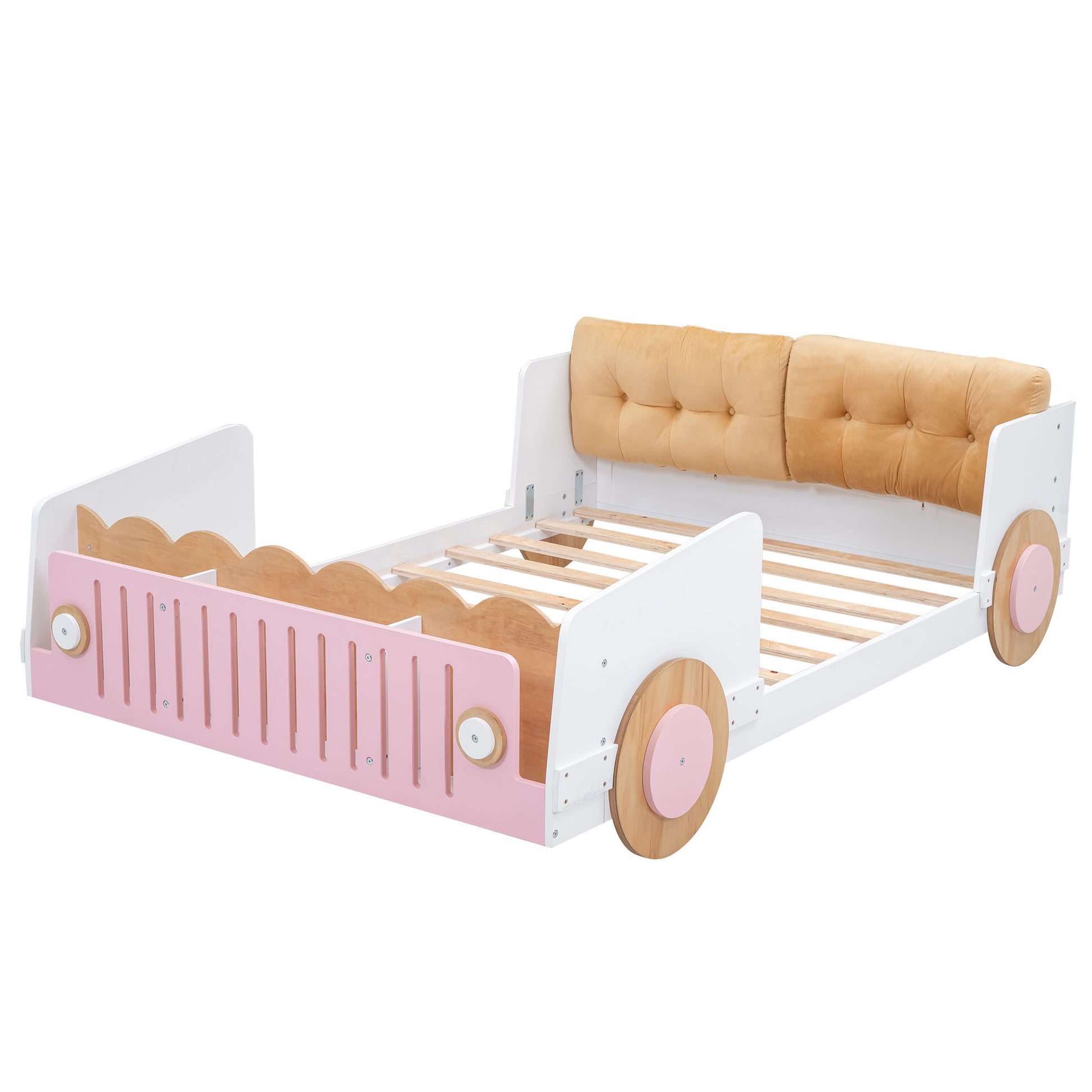 Full Size Car Shaped Platform Bed With Soft Cushion And Shelves On The Footboard, White White Pine