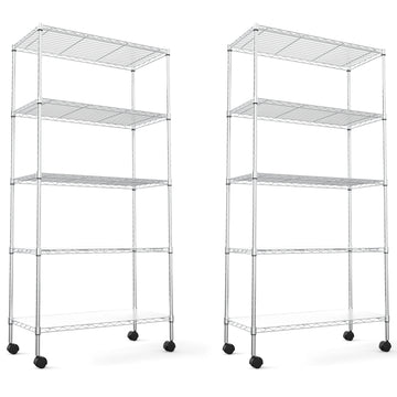 2 Pack 5 Tier Shelf Wire Shelving Unit, Nsf Heavy Duty Wire Shelf Metal Large Storage Shelves Height Adjustable Utility For Garage Kitchen Office Commercial Shelving Steel Layer Shelf Chrome Chrome Iron Plastic