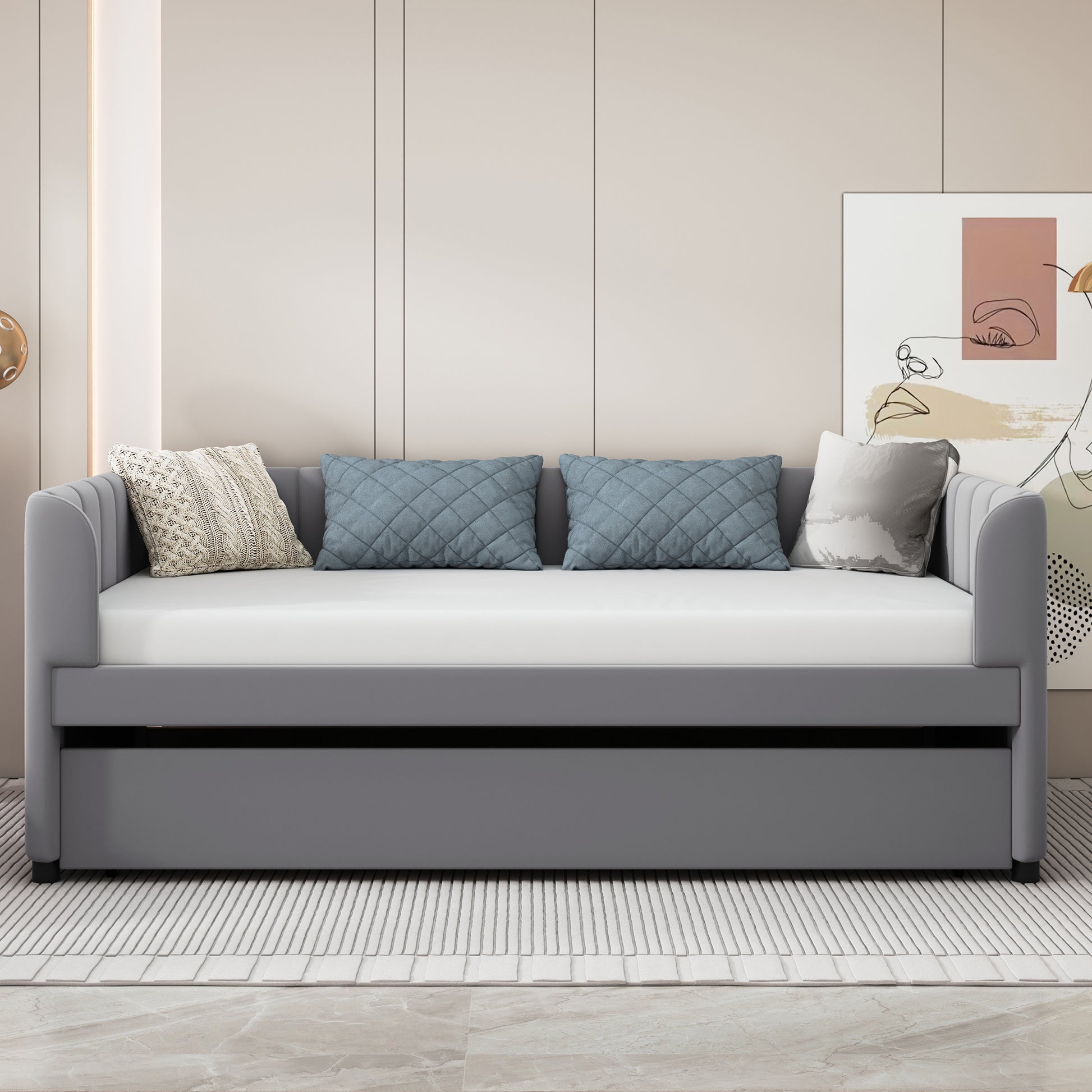 Twin Size Upholstered Daybed With Ergonomic Design Backrest And Trundle, Gray Gray Velvet