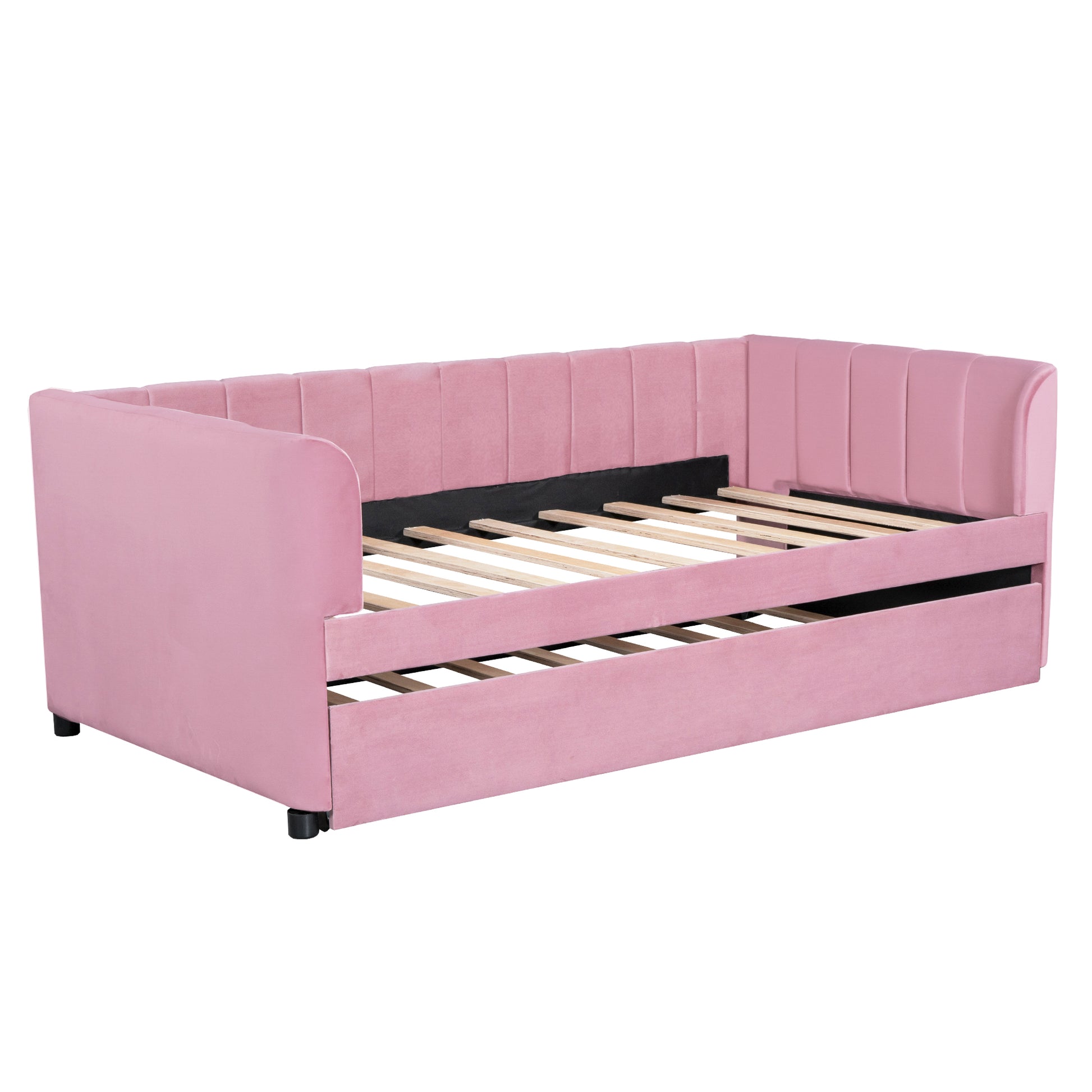 Twin Size Upholstered Daybed With Ergonomic Design Backrest And Trundle, Pink Pink Velvet