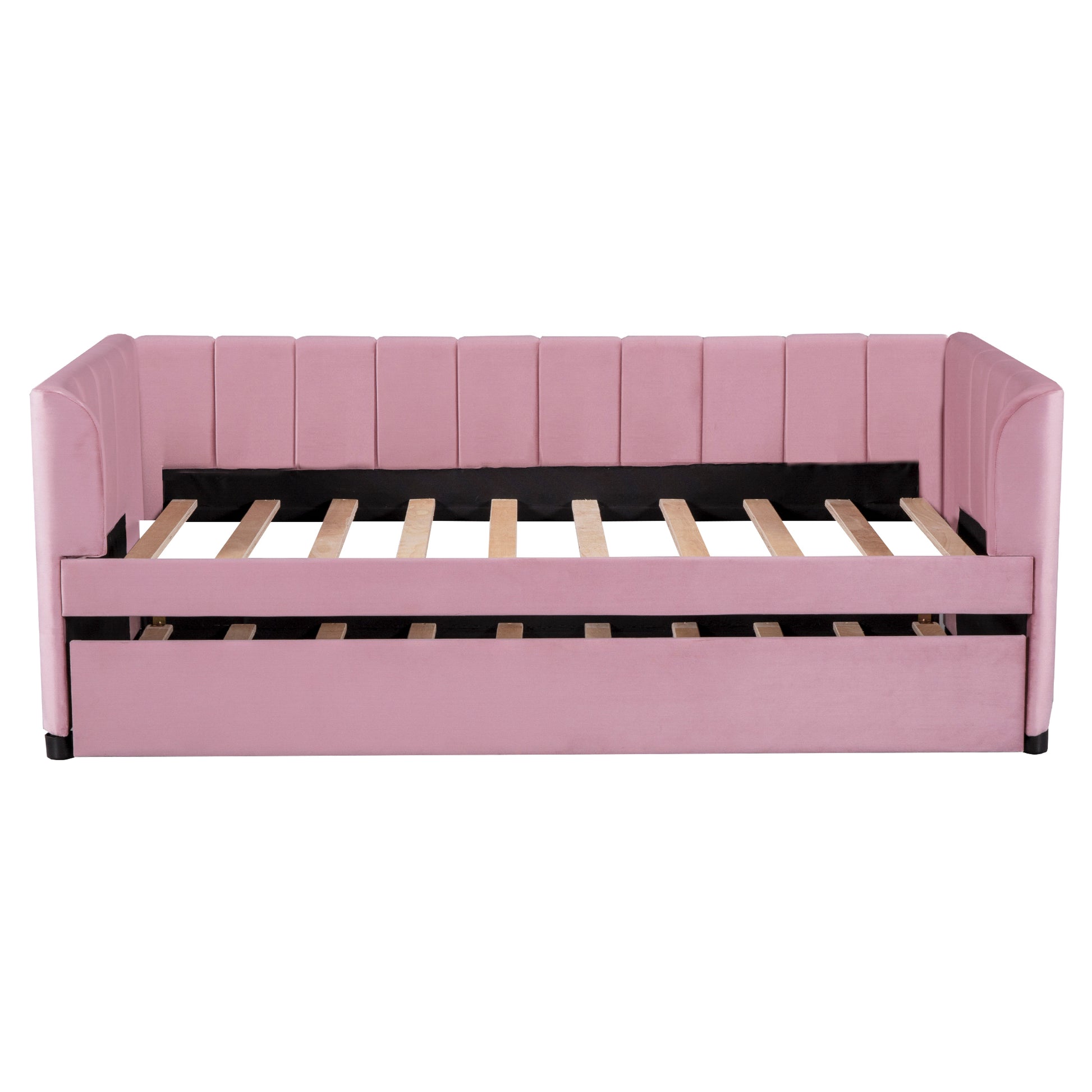 Twin Size Upholstered Daybed With Ergonomic Design Backrest And Trundle, Pink Pink Velvet