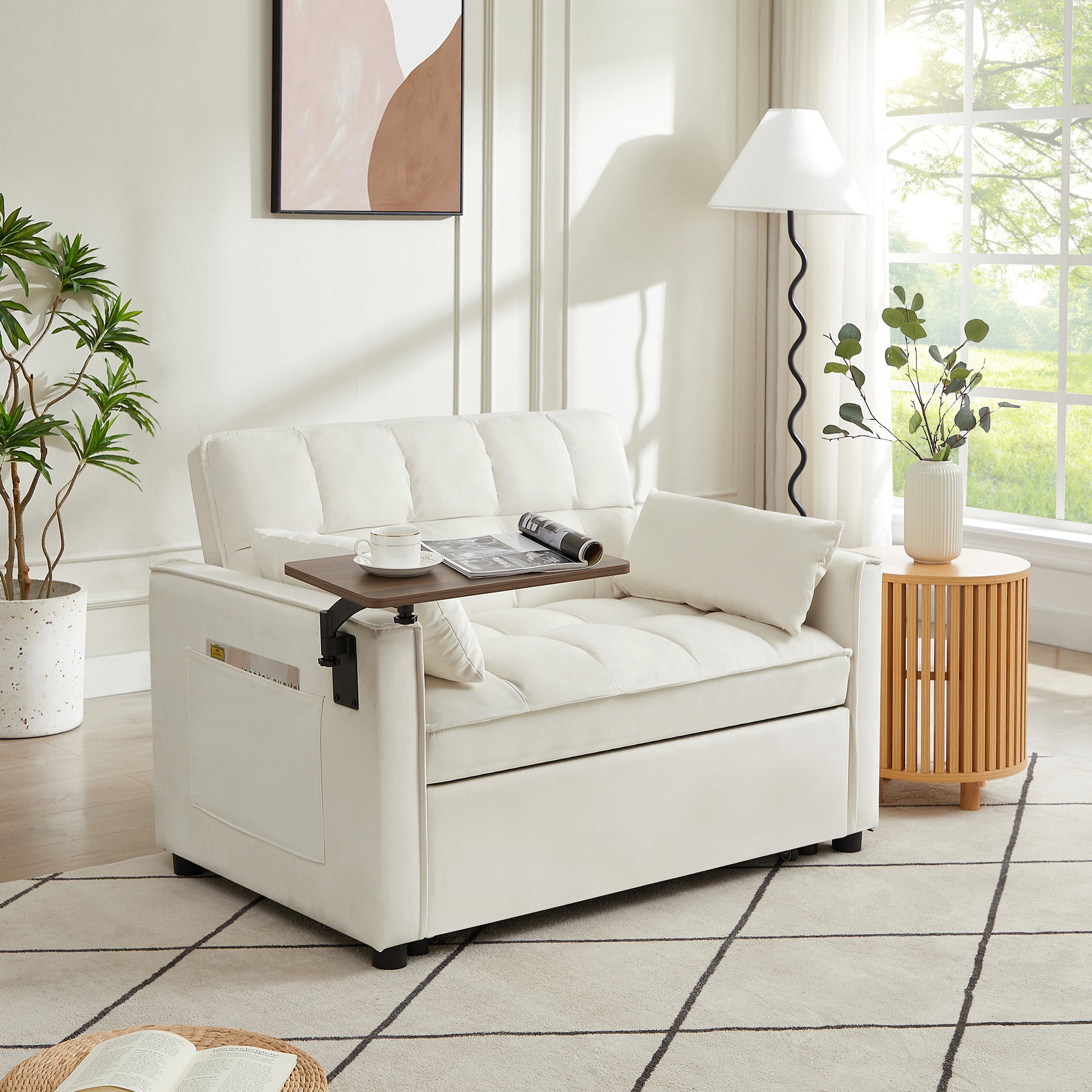 Cream White Velvet Loveseat Sofa Bed Cream White Wood Tufted Back Square Arms Foam Velvet 2 Seat