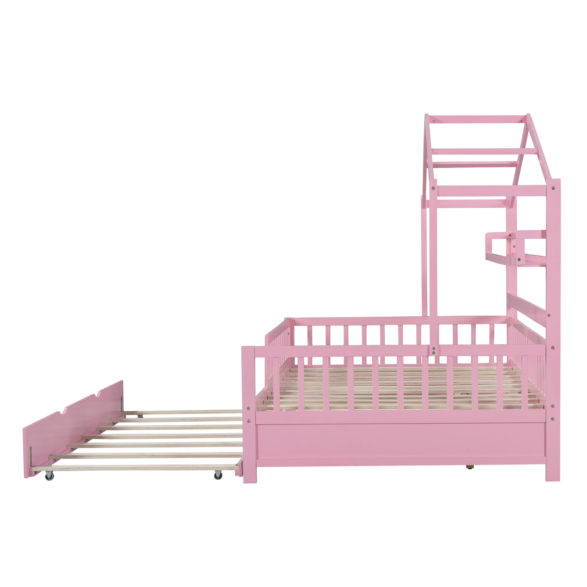 Wooden Full Size House Bed With Twin Size Trundle,Kids Bed With Shelf, Pink Pink Solid Wood