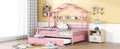 Wooden Full Size House Bed With Twin Size Trundle,Kids Bed With Shelf, Pink Pink Solid Wood