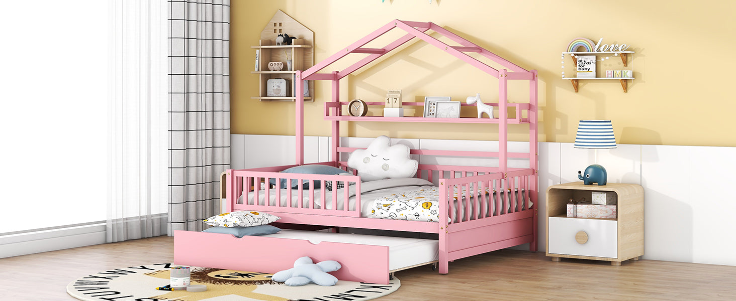 Wooden Full Size House Bed With Twin Size Trundle,Kids Bed With Shelf, Pink Pink Solid Wood