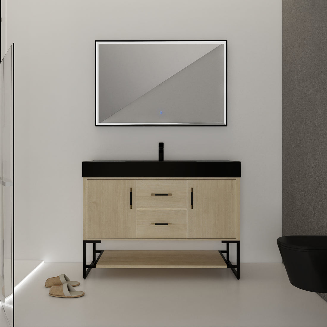 48 Inch Bathroom Vanity Freestanding Design With Black Resin Sink Plain Light Oak Bathroom American Traditional Plywood