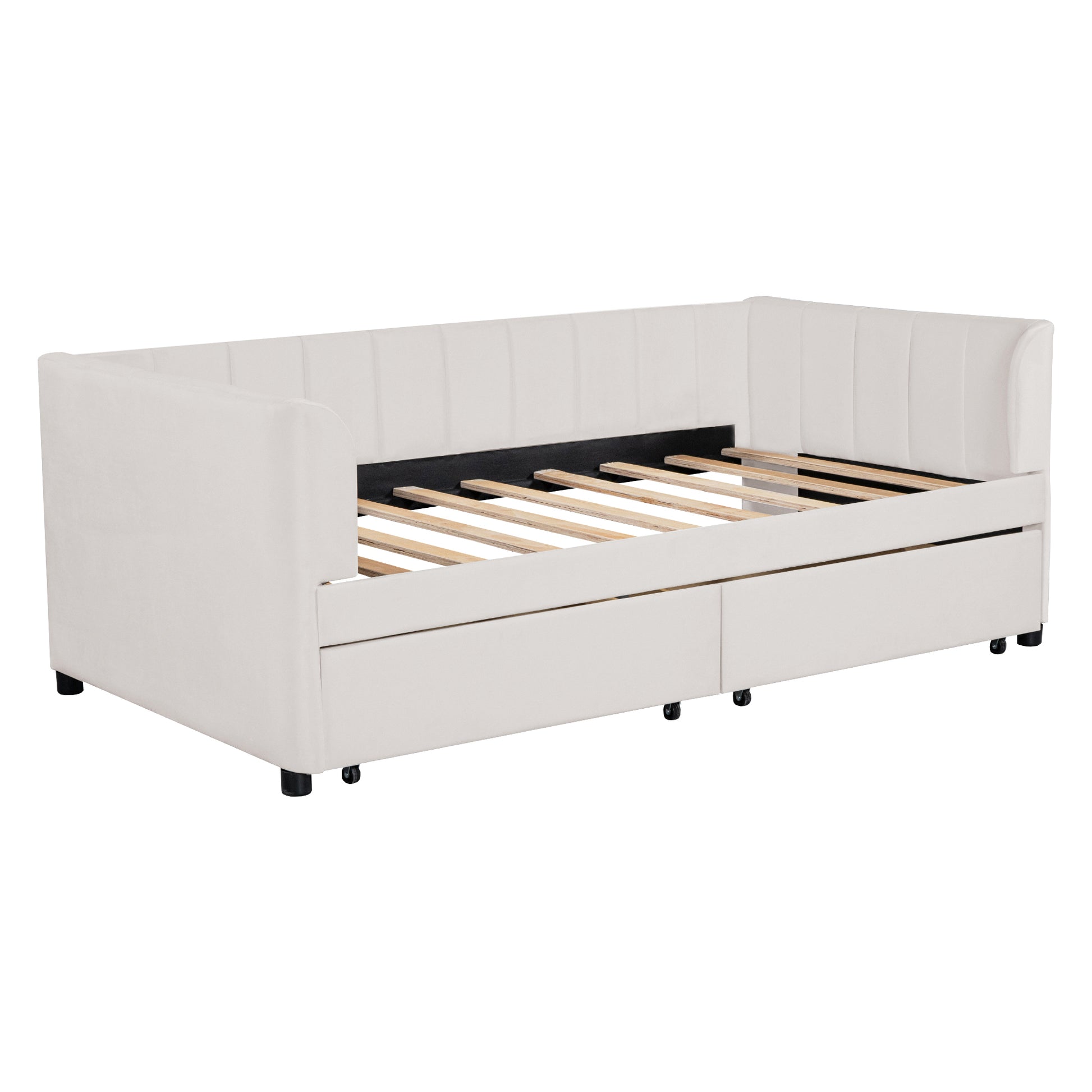 Twin Size Upholstered Daybed With Ergonomic Design Backrest And 2 Drawers, Beige Beige Velvet