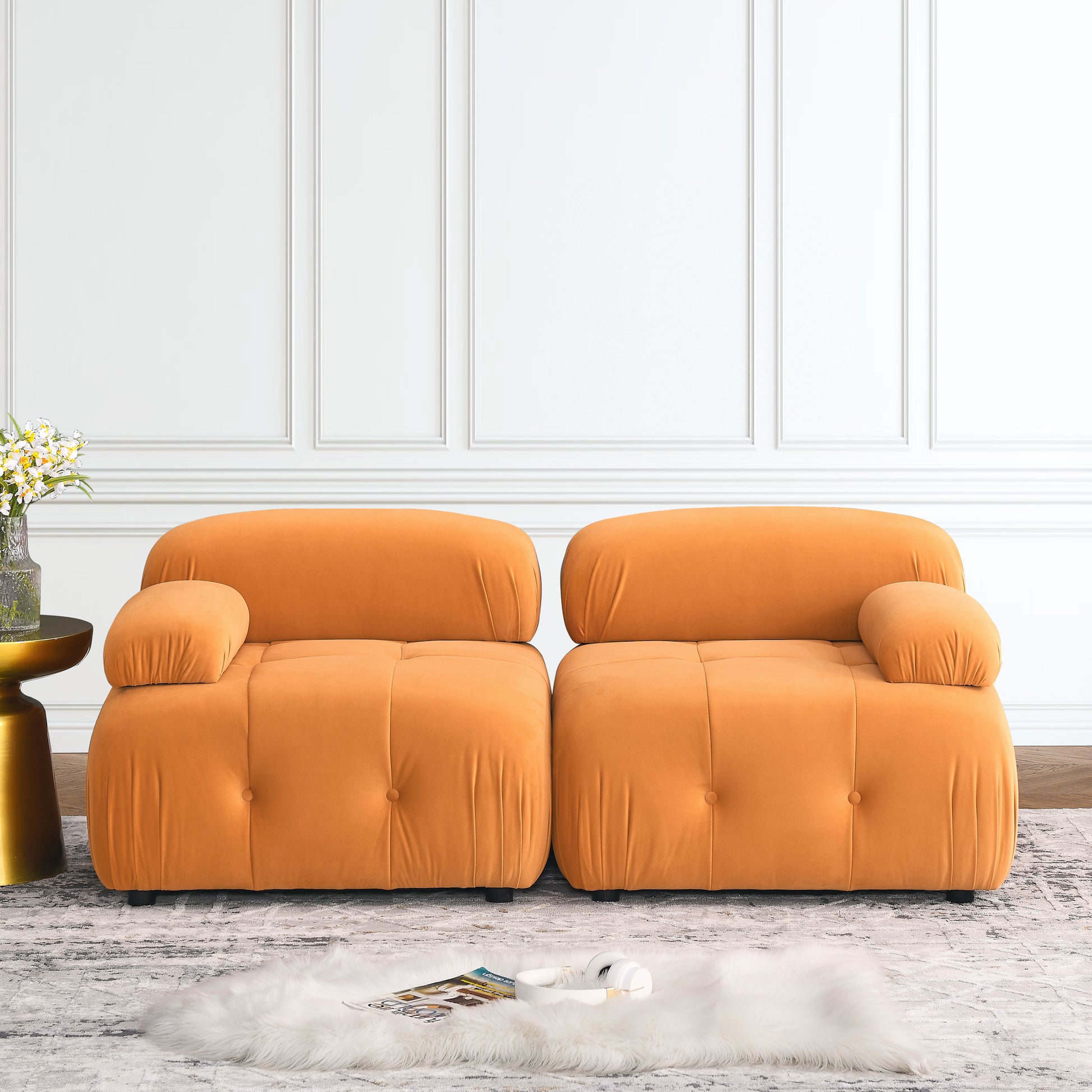 Modular Sectional Sofa, Button Tufted Designed And Diy Combination,L Shaped Couch With Reversible Ottoman, Orange Velvet Orange Velvet Wood Soft Tight Back Eucalyptus Pillow Top Arms Foam Spring