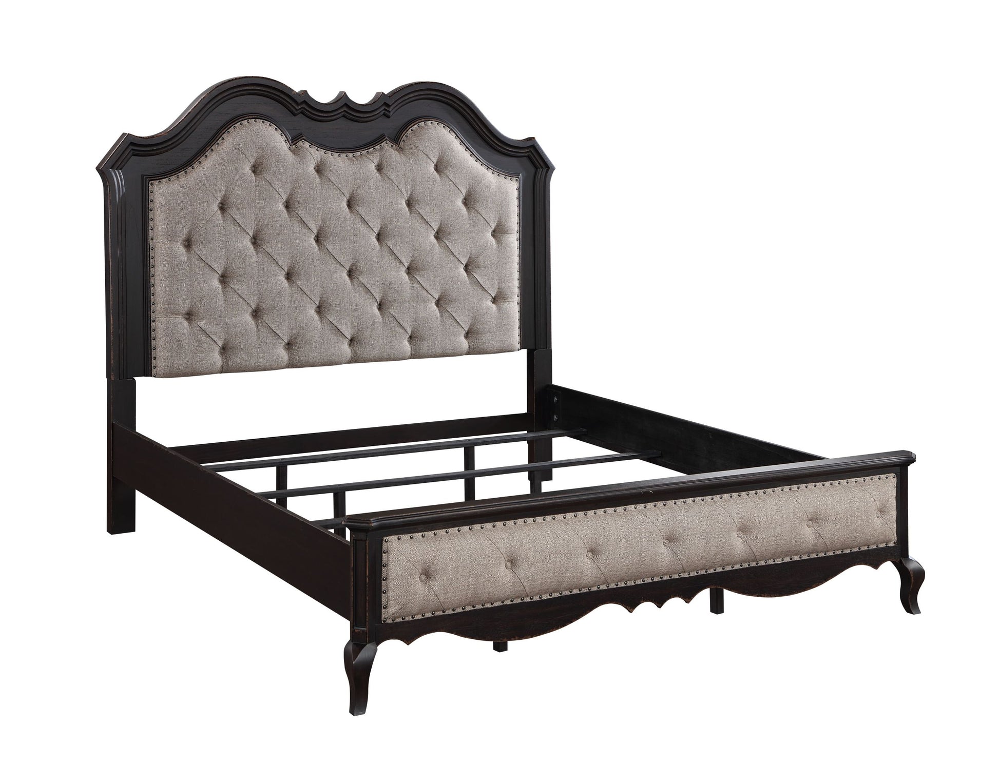 Chelmsford Queen Bed, Beige Fabric & Antique Black Finish Bd02296Q Beige Fabric