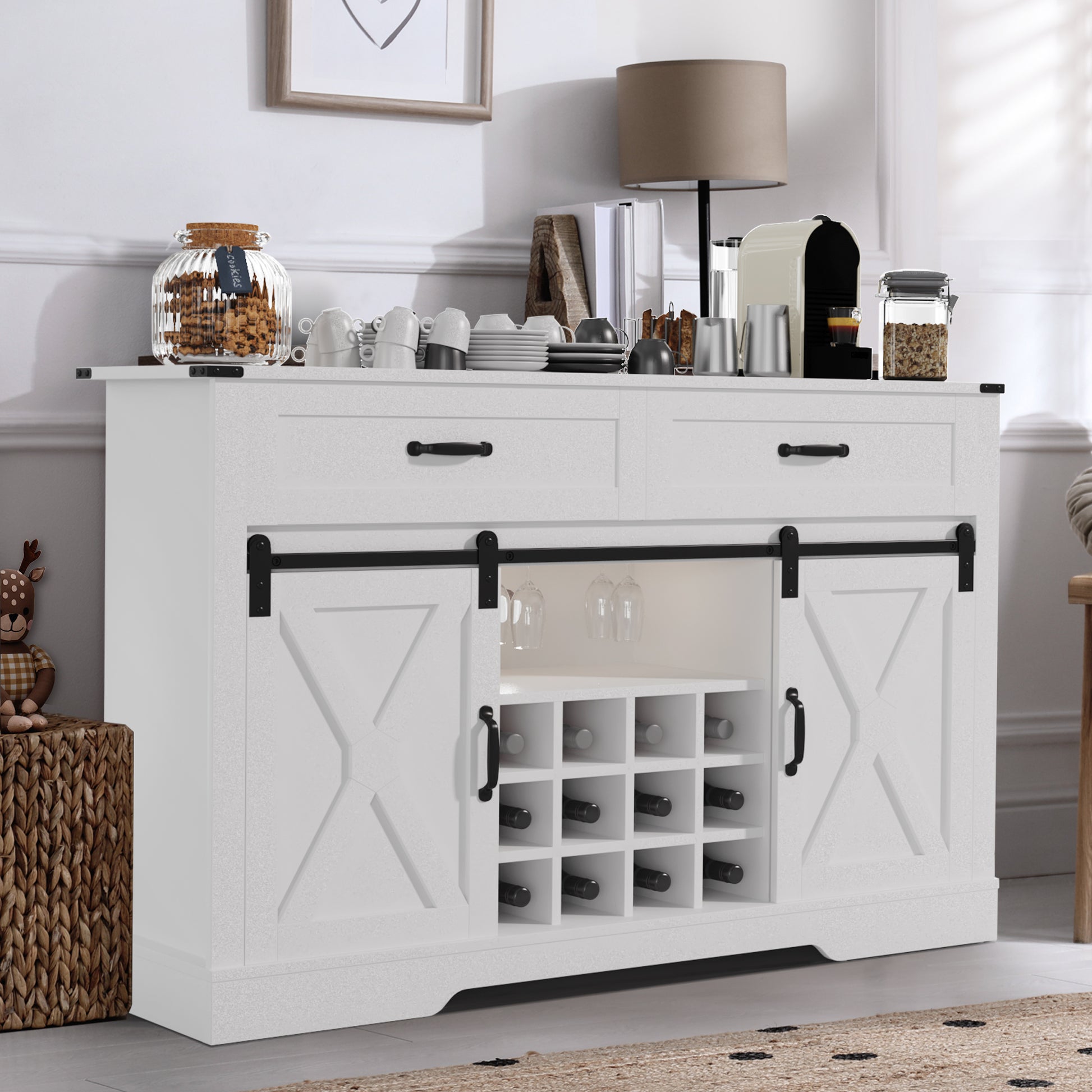 Farmhouse Storage Sideboard Buffet Coffee Bar Cabinet With Sliding Barn Door, 3 Drawers, Wine And Glass Rack White & Oak White Oak Engineered Wood