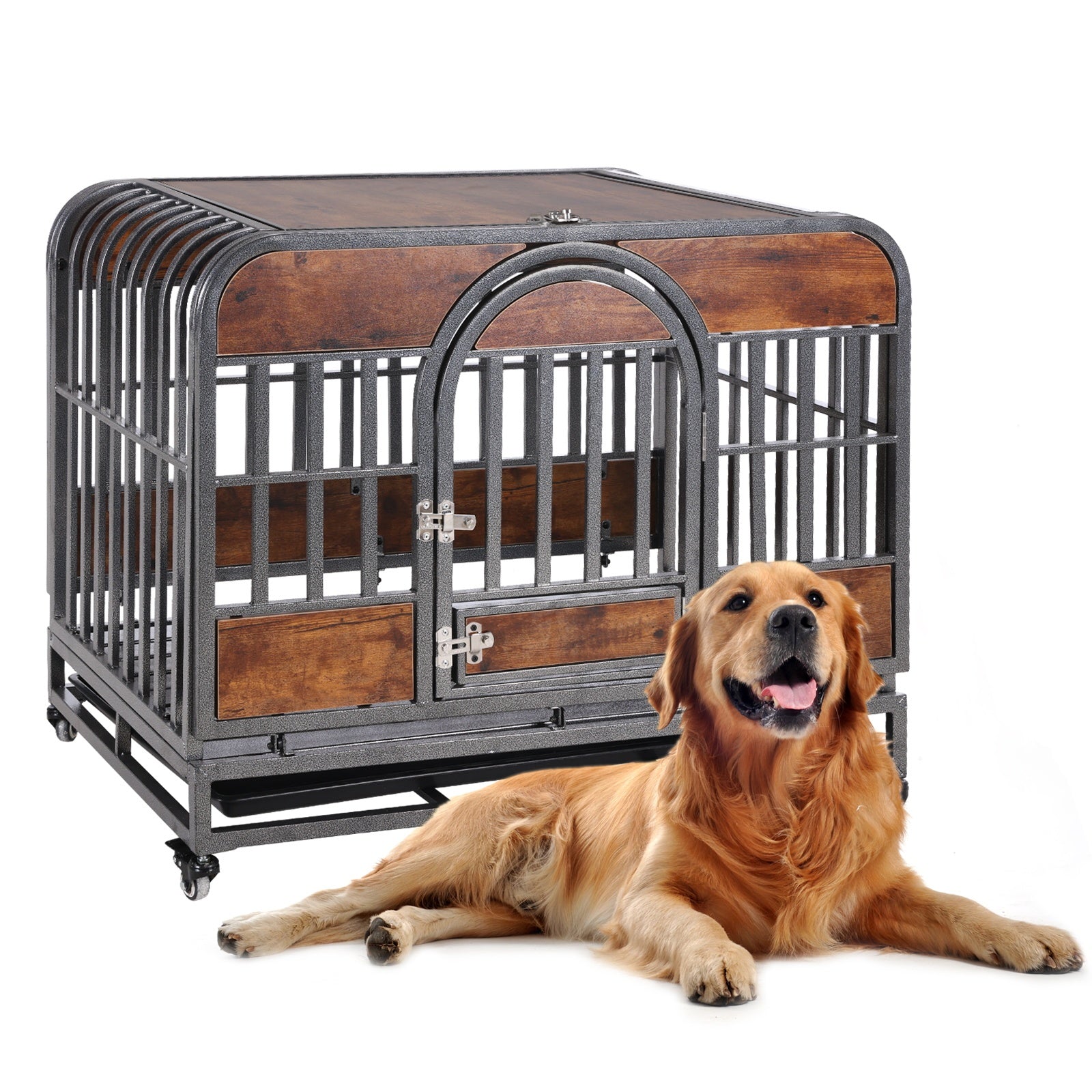 37In Heavy Duty Dog Crate, Furniture Style Dog Crate With Removable Trays And Wheels For High Anxiety Dogs Brown Abs Abs