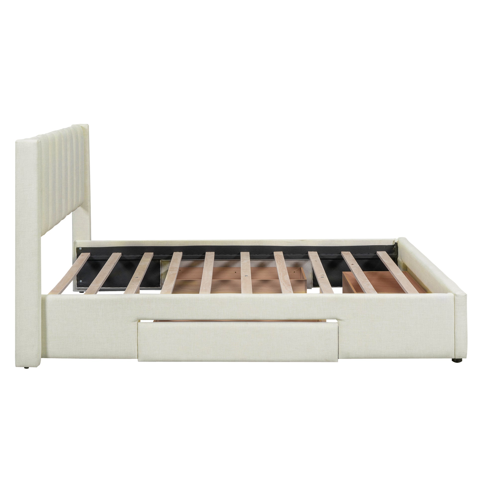 Full Size Upholstered Platform Bed With One Large Drawer In The Footboard And Drawer On Each Side,Beige Box Spring Not Required Full Beige Wood Bedroom Bed Frame Linen Upholstered