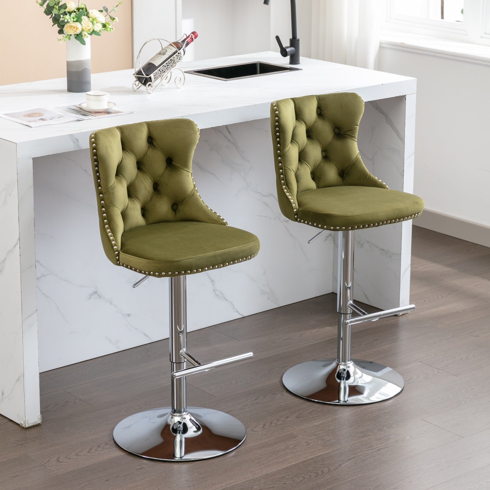 Swivel Velvet Barstools Adjusatble Seat Height From 25 33 Inch, Modern Upholstered Chrome Base Bar Stools With Backs Comfortable Tufted For Home Pub And Kitchen Island, Olive Green,Set Of 2,1712Ol Olive Green Dining Room American Design Bar Stools Foam