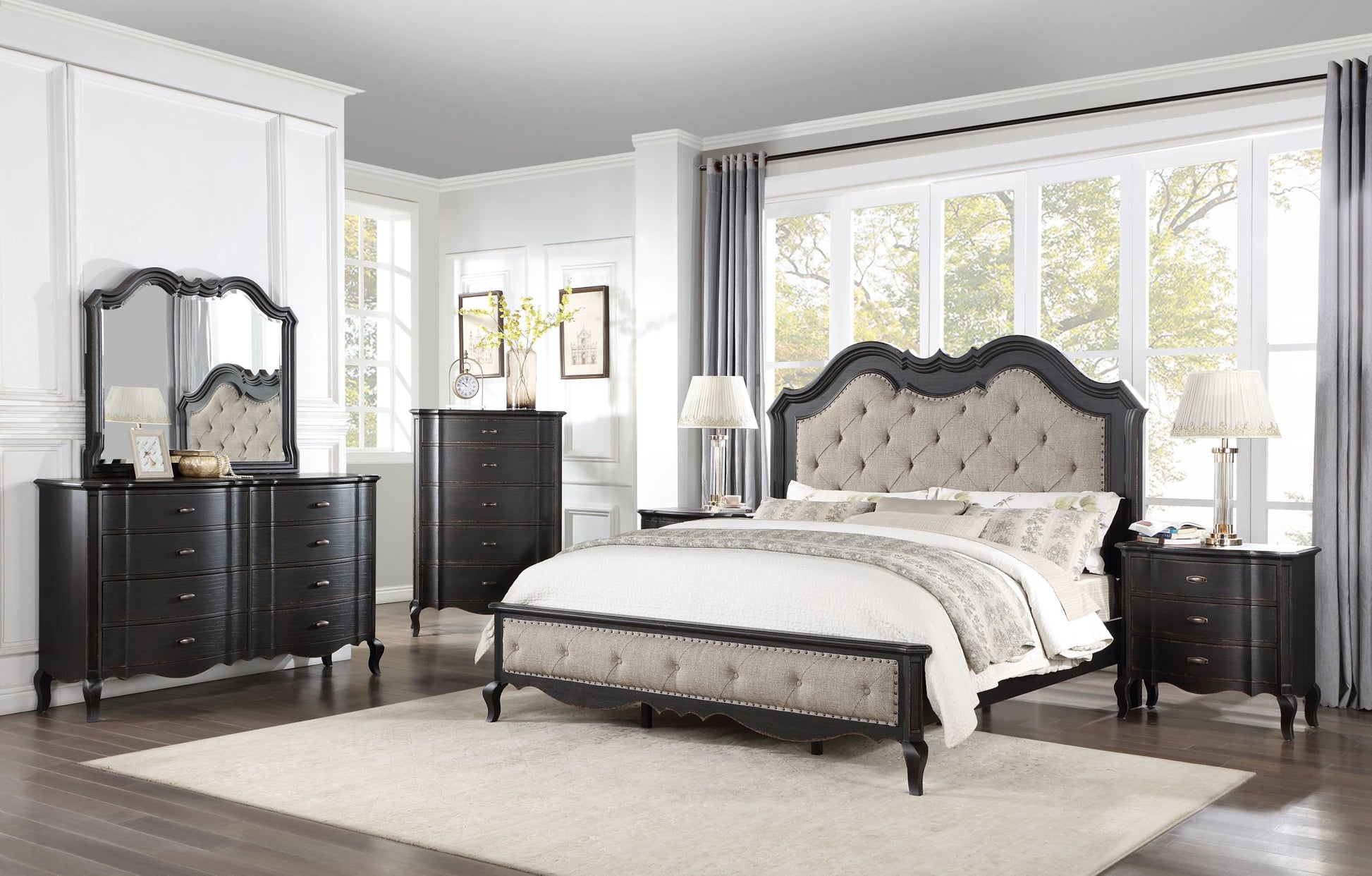 Chelmsford Queen Bed, Beige Fabric & Antique Black Finish Bd02296Q Beige Fabric