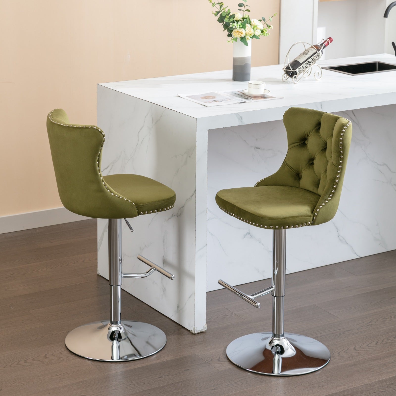 Swivel Velvet Barstools Adjusatble Seat Height From 25 33 Inch, Modern Upholstered Chrome Base Bar Stools With Backs Comfortable Tufted For Home Pub And Kitchen Island, Olive Green,Set Of 2,1712Ol Olive Green Dining Room American Design Bar Stools Foam