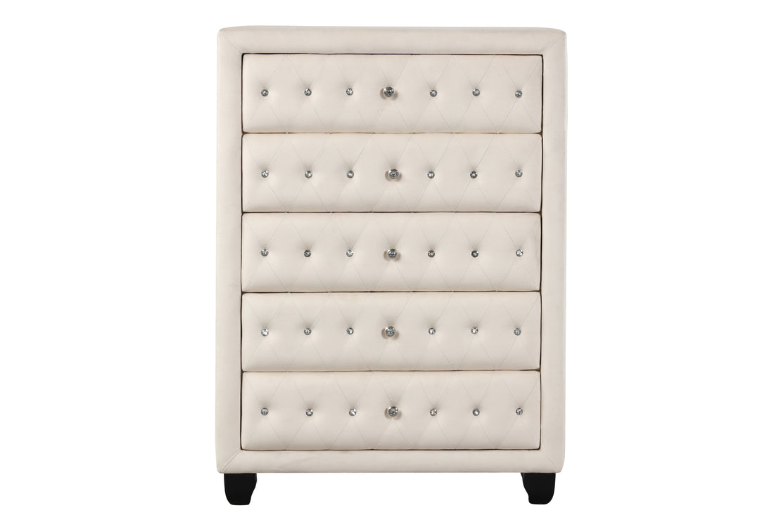 Sophia Modern Style Crystal Tufted Upholstery 5 Drawer Chest Finished With Velvet Fabric Made With Wood In Cream Cream Bedroom Contemporary,Modern Upholstered Wood