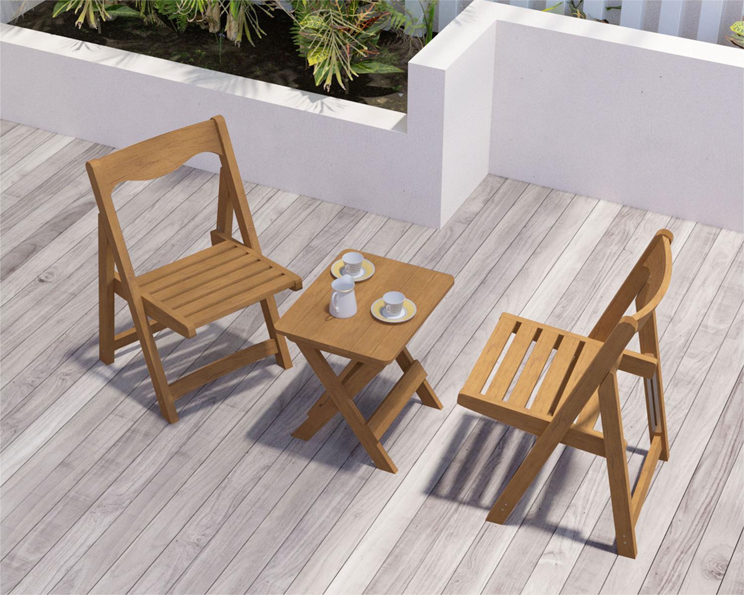 Hips Material Outdoor Bistro Set Foldable Small Table And Chair Set With 2 Chairs And Rectangular Table, Teak Teak Hdpe